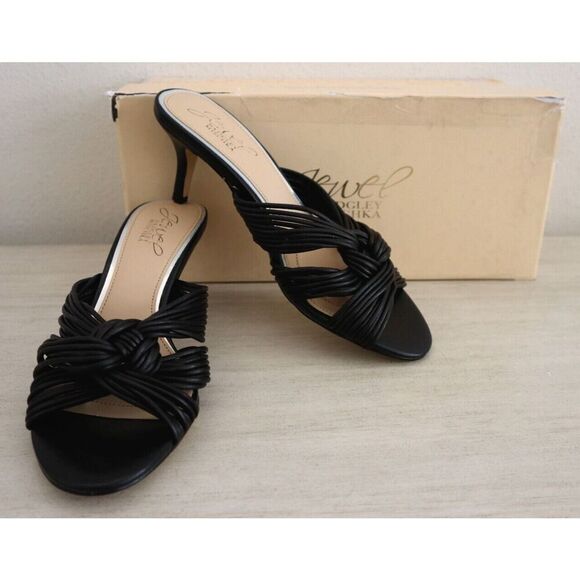 Jewel Badgley Mischka Women's Sz 5 Black Leather Mia Evening Slide Sandals - Picture 1 of 16